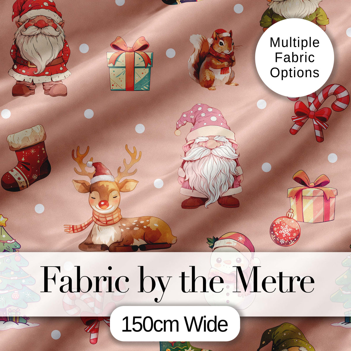 Cute Christmas Gnome Reindeer Snowman Gift Peach Background Seamless Pattern Digital Print Fabric by the Metre UK Sewing Quilting Textile