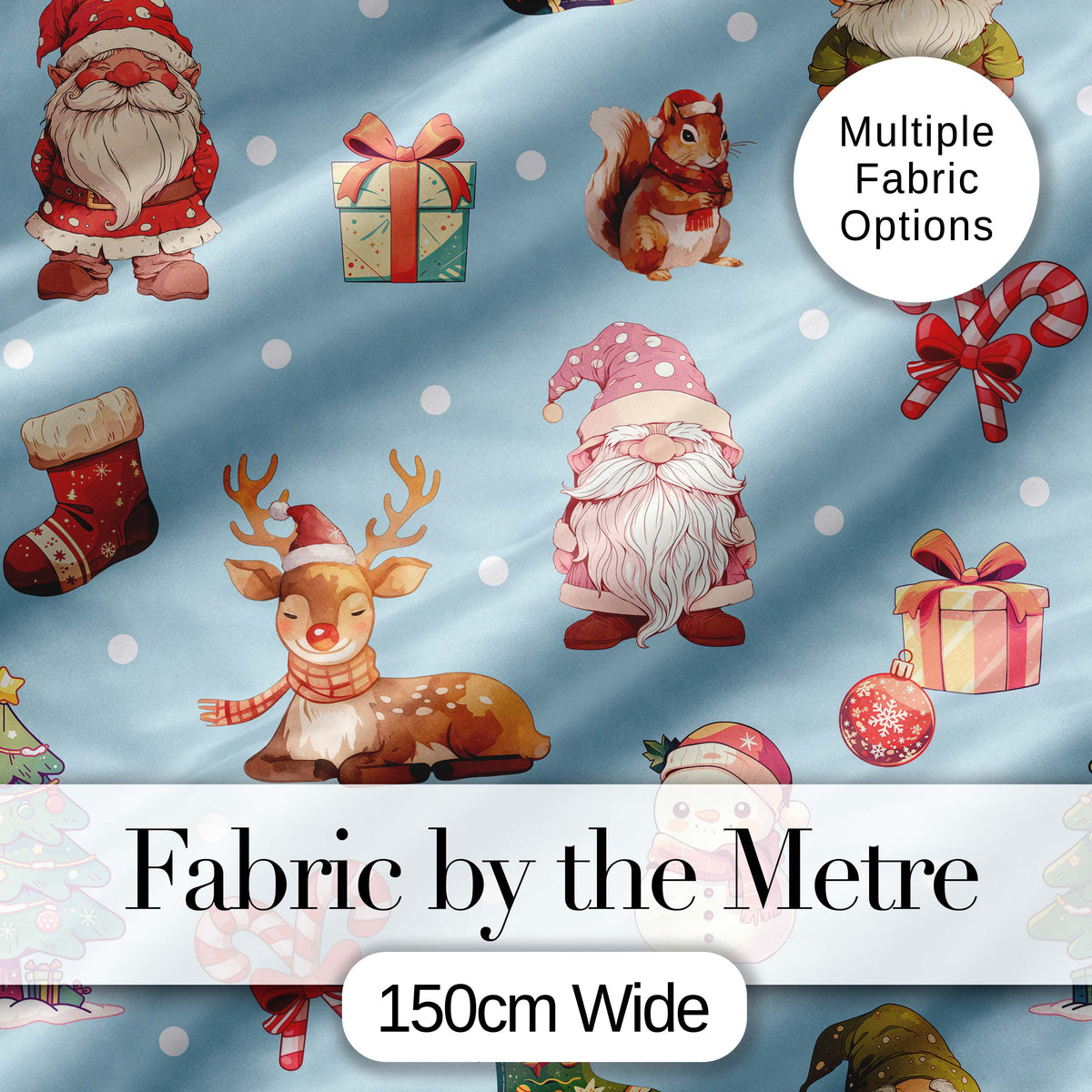Cute Christmas Gnome Reindeer Snowman Gift Aqua Background Seamless Pattern Digital Print Fabric by the Metre UK Sewing Quilting Textile
