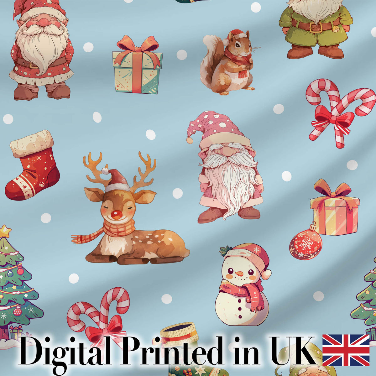 Cute Christmas Gnome Reindeer Snowman Gift Aqua Background Seamless Pattern Digital Print Fabric by the Metre UK Sewing Quilting Textile
