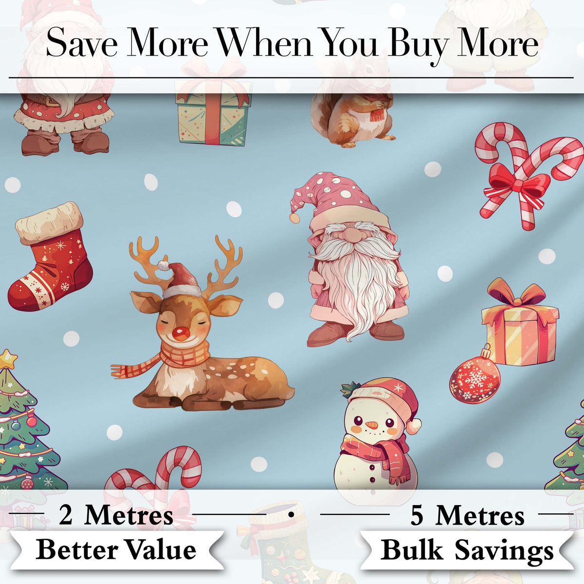 Cute Christmas Gnome Reindeer Snowman Gift Aqua Background Seamless Pattern Digital Print Fabric by the Metre UK Sewing Quilting Textile