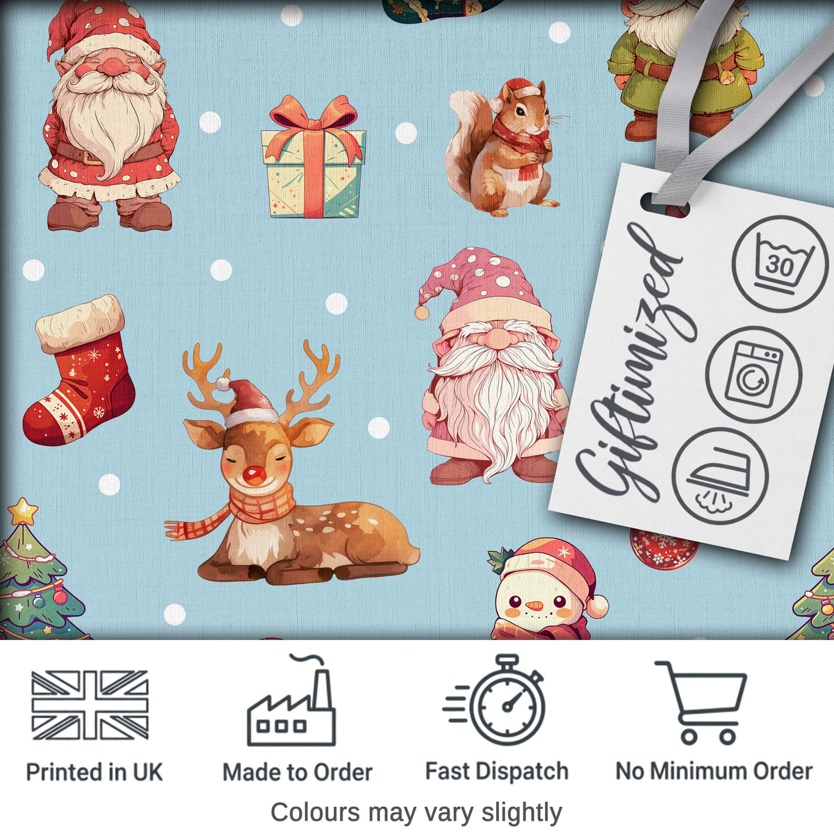 Cute Christmas Gnome Reindeer Snowman Gift Aqua Background Seamless Pattern Digital Print Fabric by the Metre UK Sewing Quilting Textile