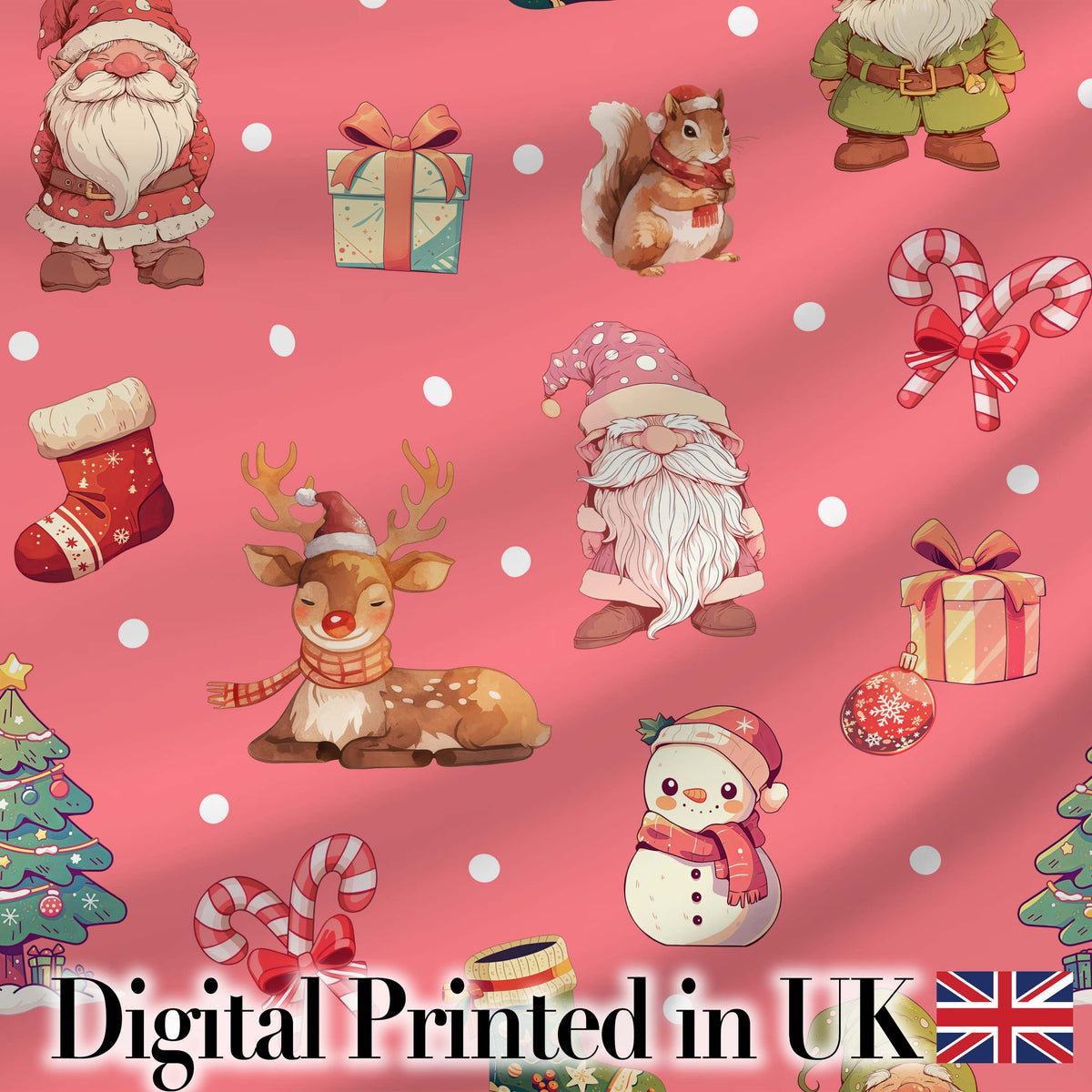 Cute Christmas Gnome Reindeer Snowman Gift Coral Background Seamless Pattern Digital Print Fabric by the Metre UK Sewing Quilting Textile