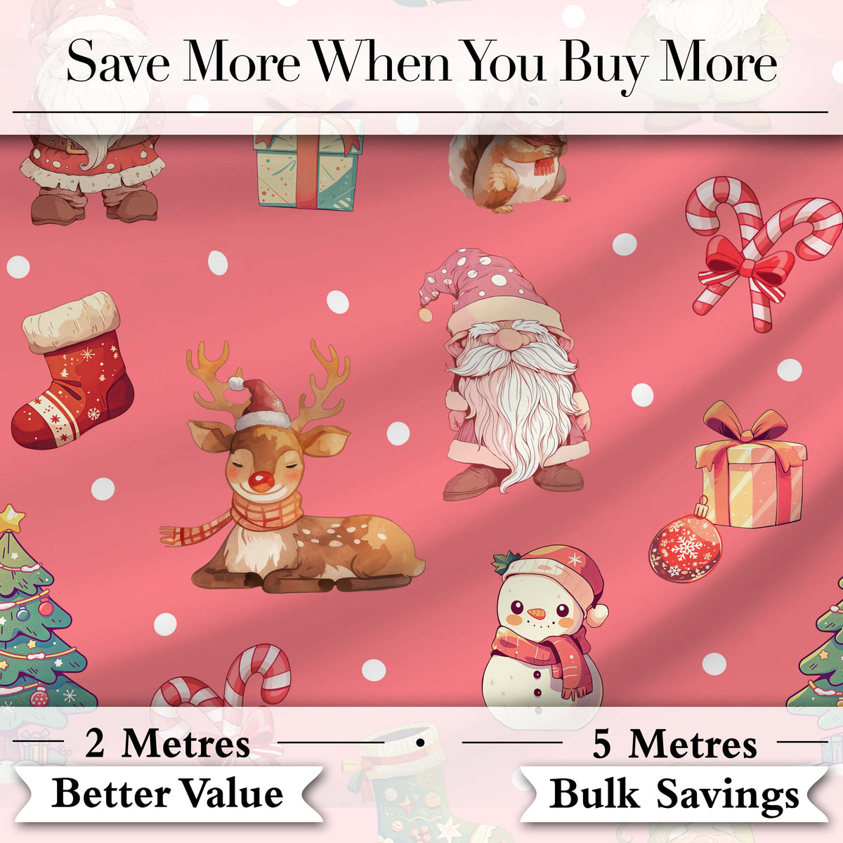 Cute Christmas Gnome Reindeer Snowman Gift Coral Background Seamless Pattern Digital Print Fabric by the Metre UK Sewing Quilting Textile