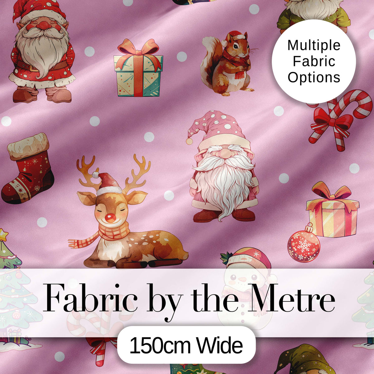 Cute Christmas Deer Squirrel Leaves Gift Pattern Pink Background Seamless Digital Print Fabric by the Metre UK Sewing Quilting Textile