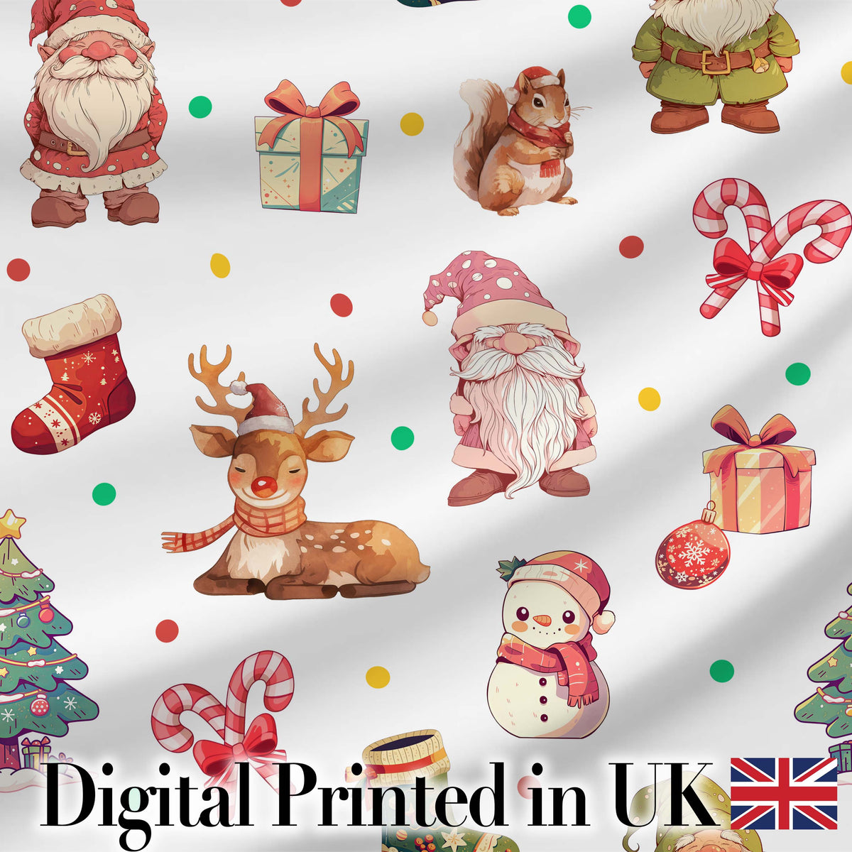 Cute Christmas Deer Squirrel Leaves Gift Pattern Grey Background Seamless Digital Print Fabric by the Metre UK Sewing Quilting Textile