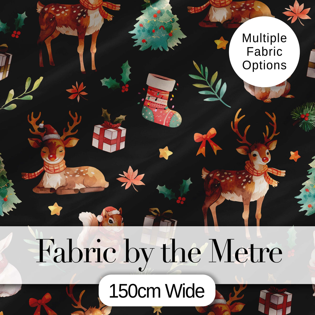 Cute Christmas Deer Squirrel Leaves Gift Pattern Black Background Seamless Digital Print Fabric by the Metre UK Sewing Quilting Textile