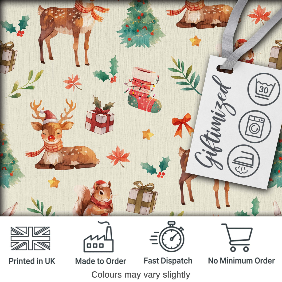 Cute Christmas Deer Squirrel Leaves Gift Pattern Cream Background Seamless Digital Print Fabric by the Metre UK Sewing Quilting Textile