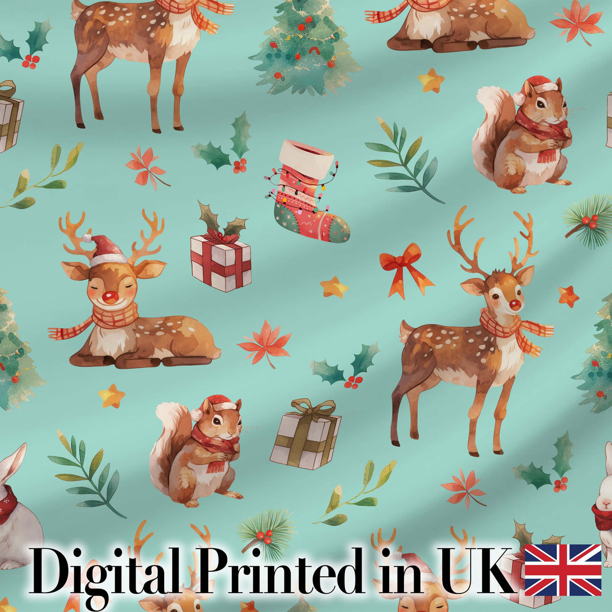 Cute Christmas Deer Squirrel Leaves Gift Pattern Teal Background Seamless Digital Print Fabric by the Metre UK Sewing Quilting Textile