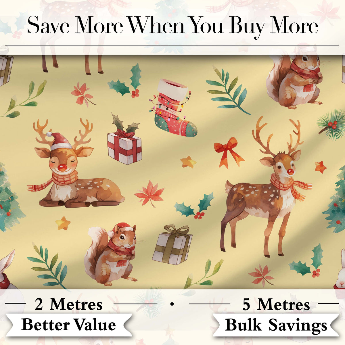 Cute Christmas Deer Squirrel Leaves Gift Pattern Yellow Background Seamless Digital Print Fabric by the Metre UK Sewing Quilting Textile