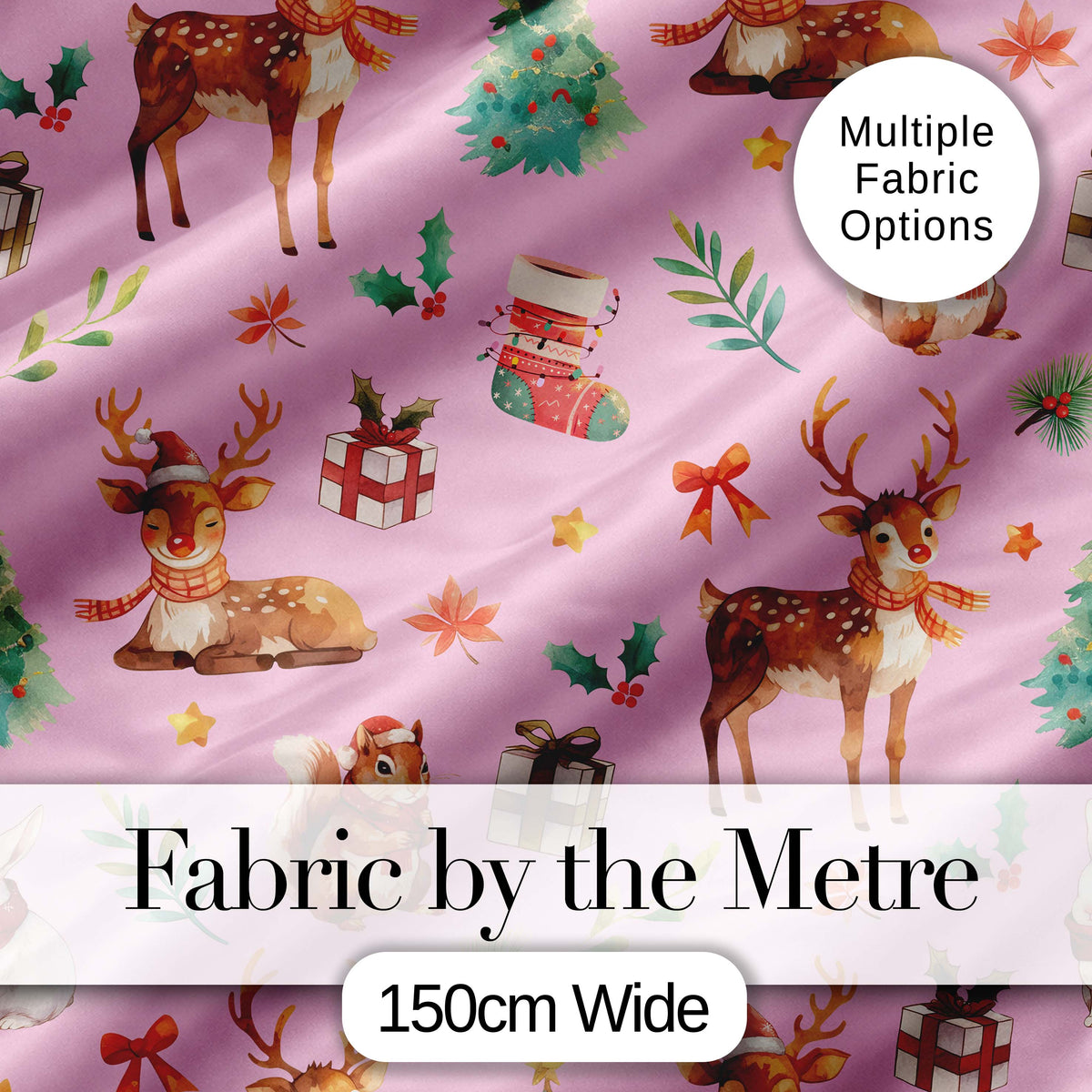 Cute Christmas Deer Squirrel Leaves Gift Pattern Light Pink Background Seamless Digital Print Fabric by the Metre UK Sewing Quilting Textile