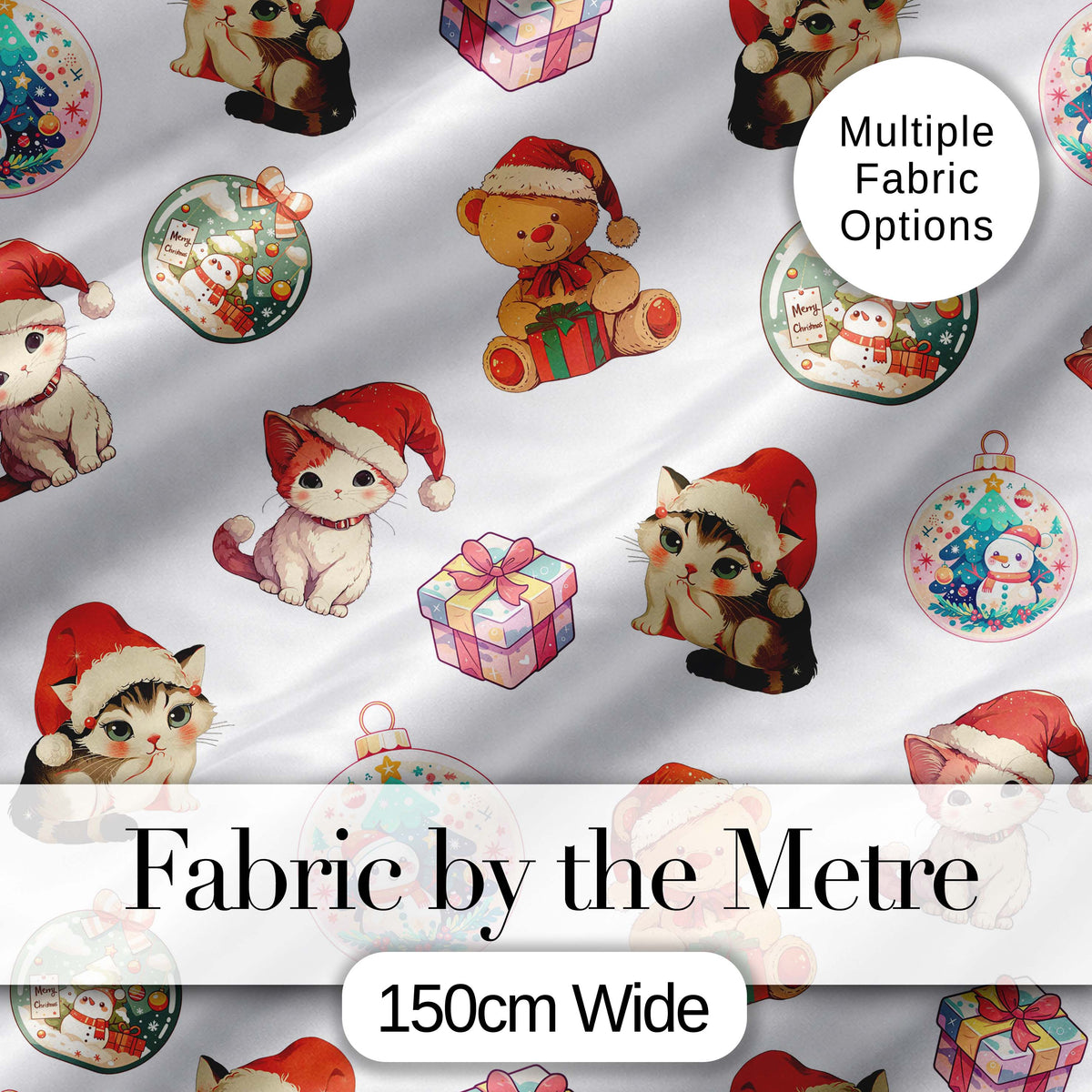 Cute Christmas Cat Teddy Bear Bauble Gift Seamless Pattern White Background Digital Print Fabric by the Metre UK Sewing Quilting Textile