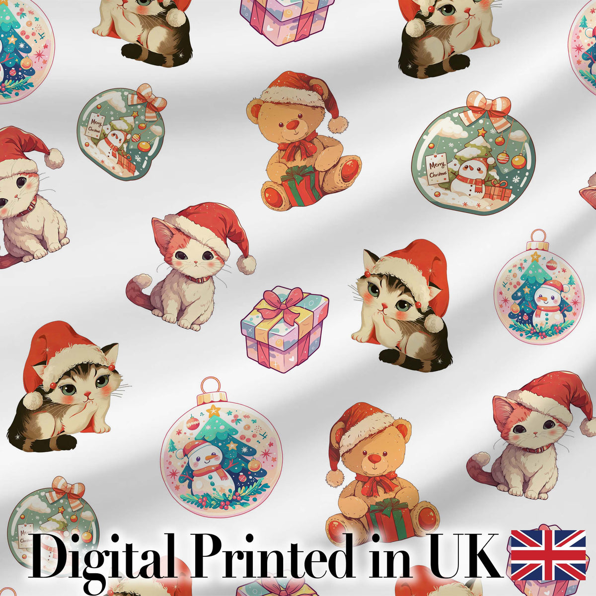 Cute Christmas Cat Teddy Bear Bauble Gift Seamless Pattern White Background Digital Print Fabric by the Metre UK Sewing Quilting Textile