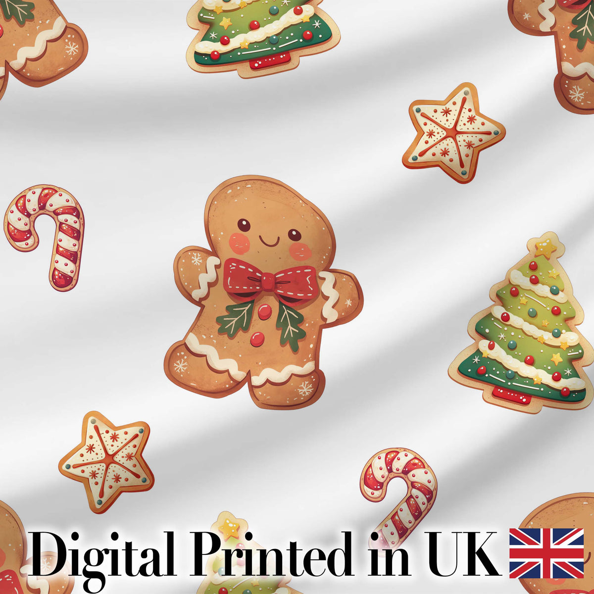 Cute Gingerbread Man Candy Cane Cookie Seamless Pattern Stripe Background Digital Print Fabric by the Metre UK Sewing Quilting Textile