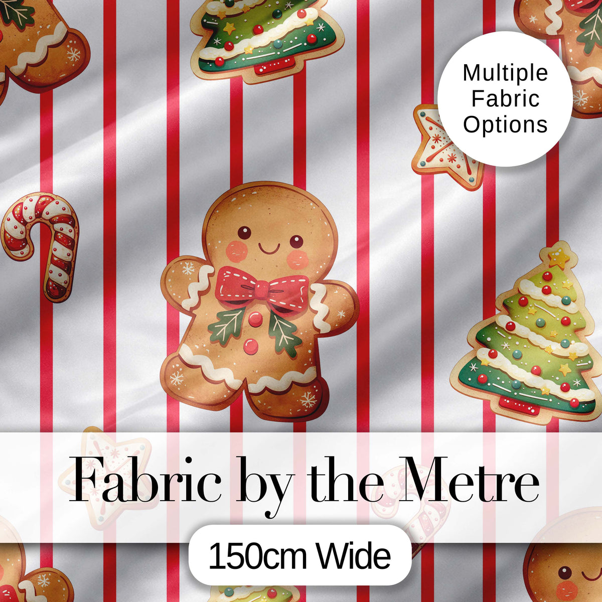 Cute Gingerbread Man Candy Cane Cookie Seamless Pattern Festive Background Digital Print Fabric by the Metre UK Sewing Quilting Textile