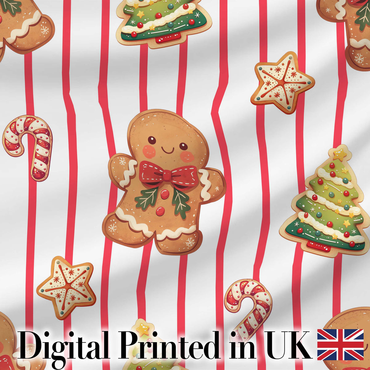 Cute Gingerbread Man Candy Cane Cookie Seamless Pattern Festive Background Digital Print Fabric by the Metre UK Sewing Quilting Textile