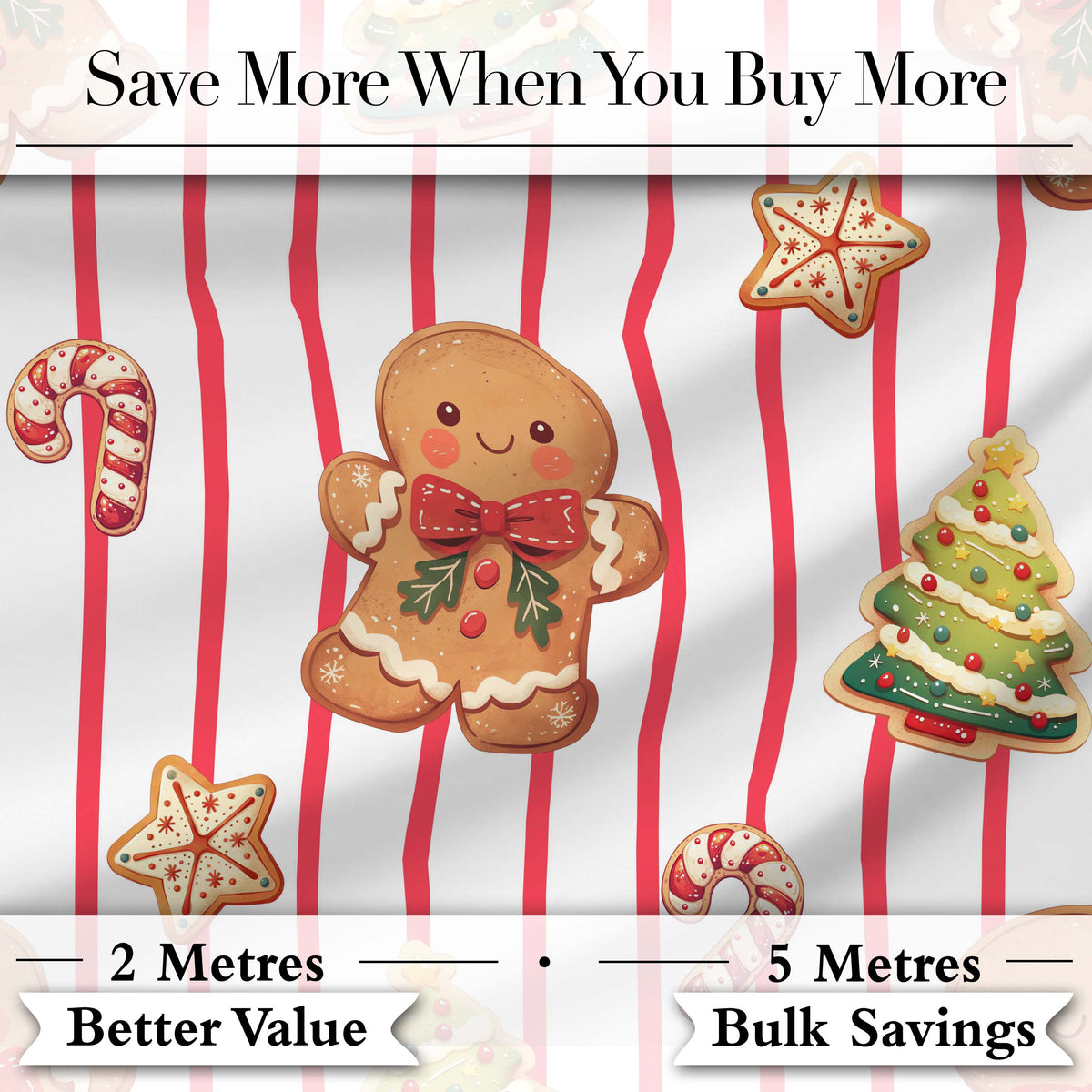 Cute Gingerbread Man Candy Cane Cookie Seamless Pattern Festive Background Digital Print Fabric by the Metre UK Sewing Quilting Textile