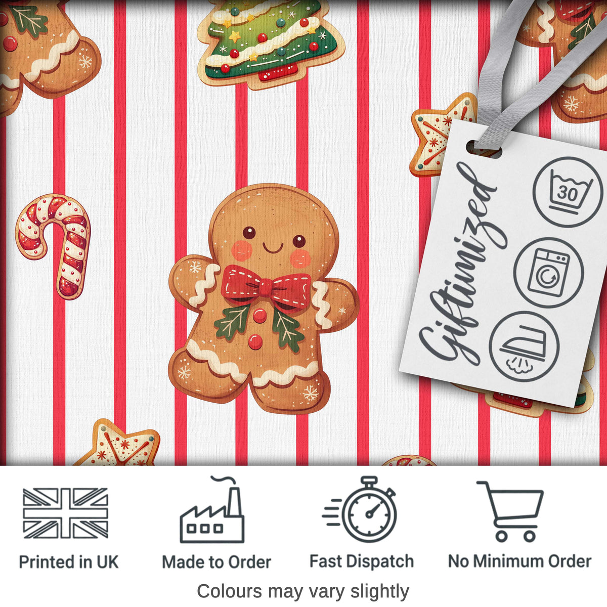 Cute Gingerbread Man Candy Cane Cookie Seamless Pattern Festive Background Digital Print Fabric by the Metre UK Sewing Quilting Textile