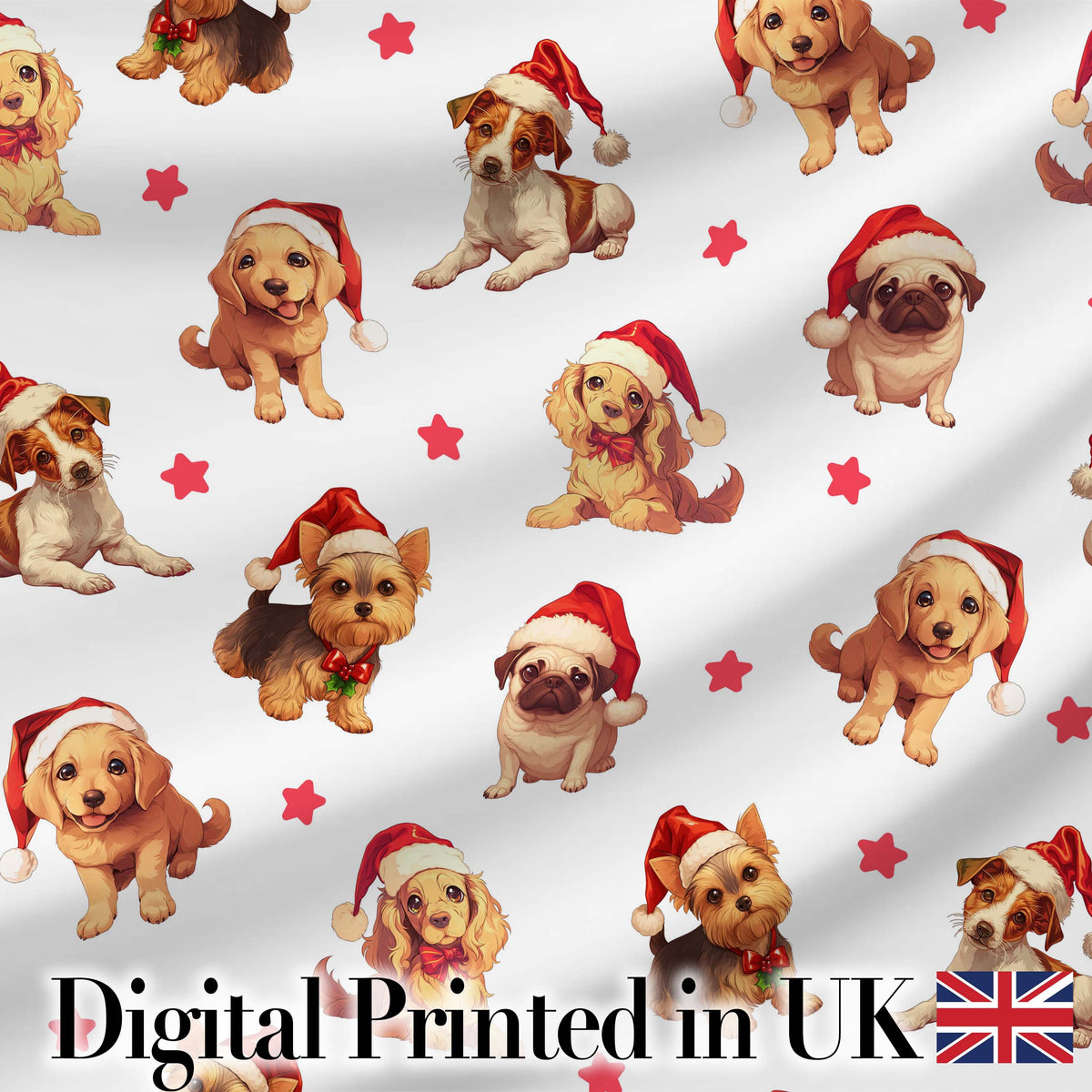 Cute Christmas Puppies in Santa Hats Seamless Pattern Star Background Digital Print Fabric by the Metre UK Sewing Quilting Textile
