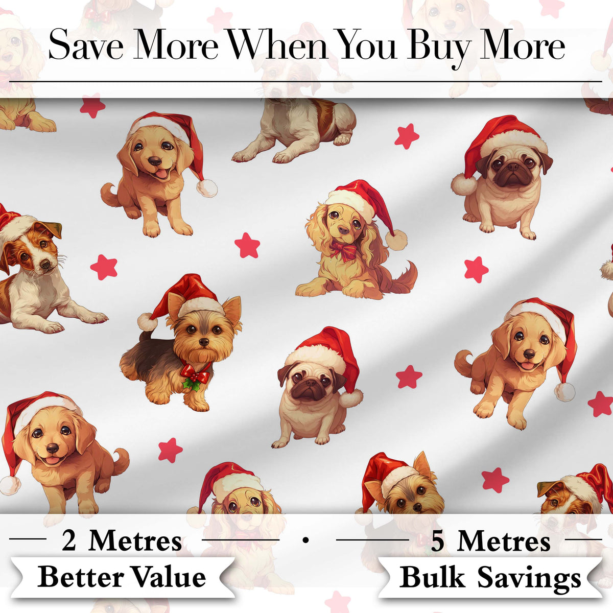 Cute Christmas Puppies in Santa Hats Seamless Pattern Star Background Digital Print Fabric by the Metre UK Sewing Quilting Textile