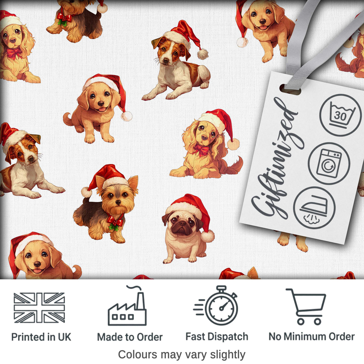 Cute Christmas Puppies in Santa Hats Seamless Pattern Soft Grey Background Digital Print Fabric by the Metre UK Sewing Quilting Textile