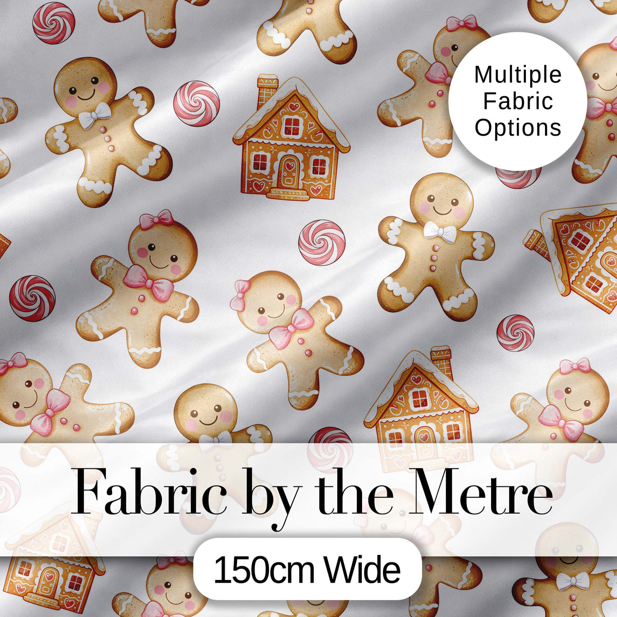Cute Gingerbread Cookies Candy Sweets House Seamless Pattern White Background Digital Print Fabric by the Metre UK Sewing Quilting Textile