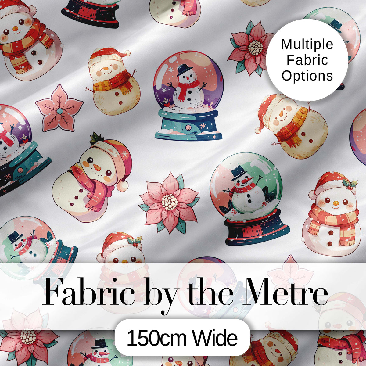 Cute Snowman Snow Globe Poinsettia Christmas Seamless Pattern Digital Print Fabric by the Metre UK Sewing Quilting Textile