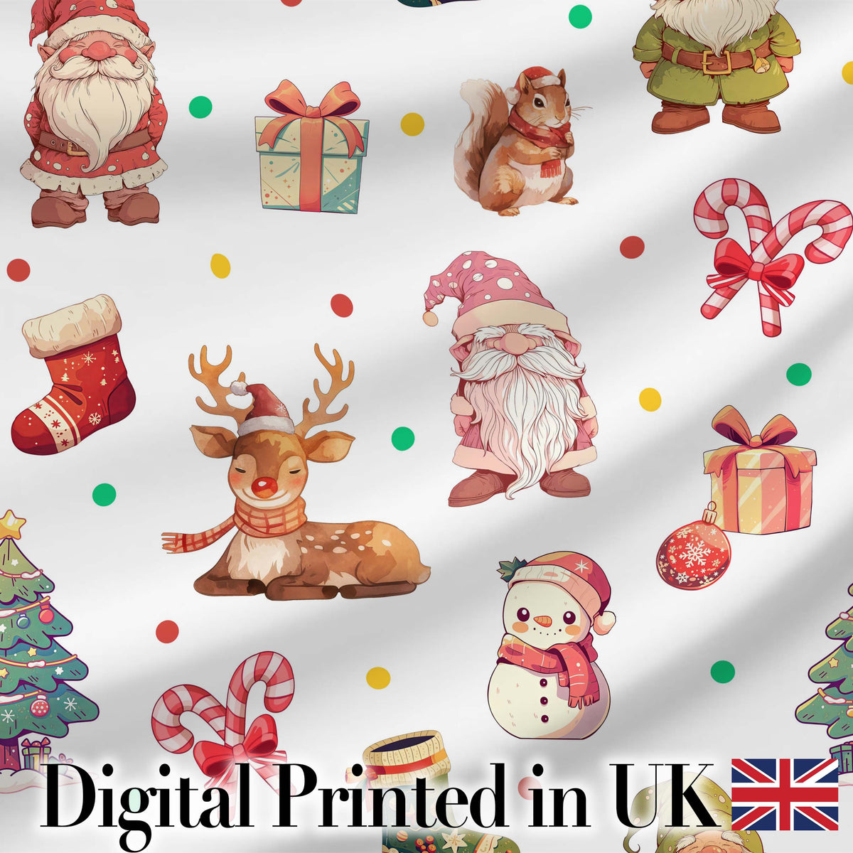 Cute Christmas Gnome Reindeer Squirrel Gift Candy Cane Seamless Pattern Digital Print Fabric by the Metre UK Sewing Quilting Textile