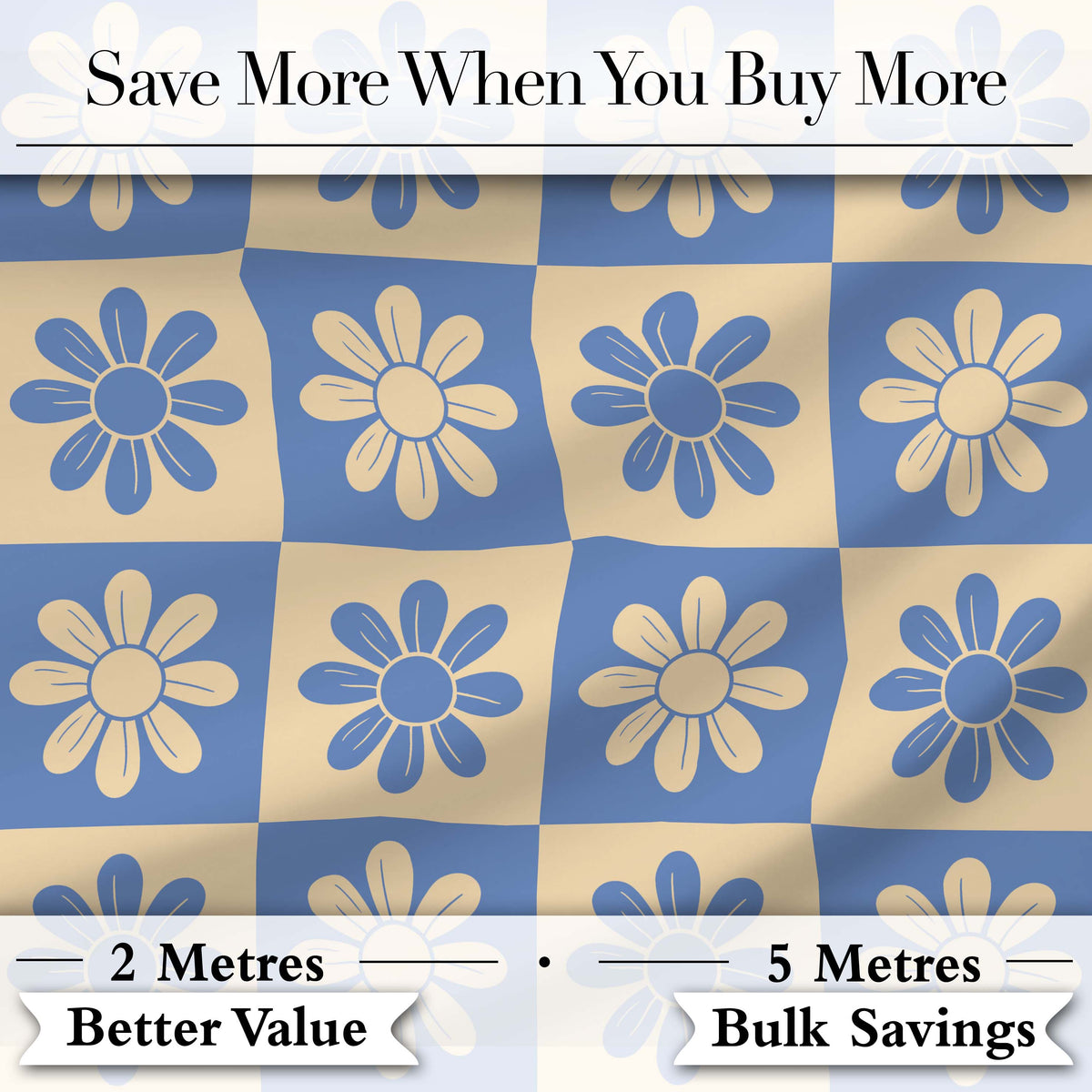 Cute Blue Beige Daisy Checkerboard Floral Seamless Pattern Digital Print Fabric by the Metre UK Sewing Quilting Textile