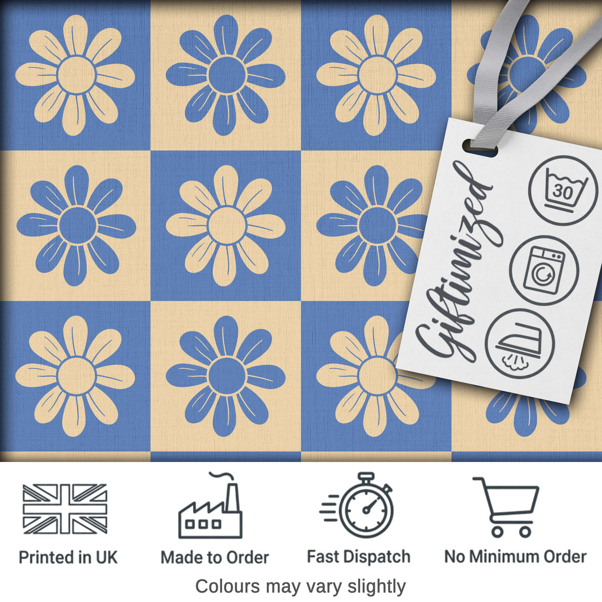 Cute Blue Beige Daisy Checkerboard Floral Seamless Pattern Digital Print Fabric by the Metre UK Sewing Quilting Textile