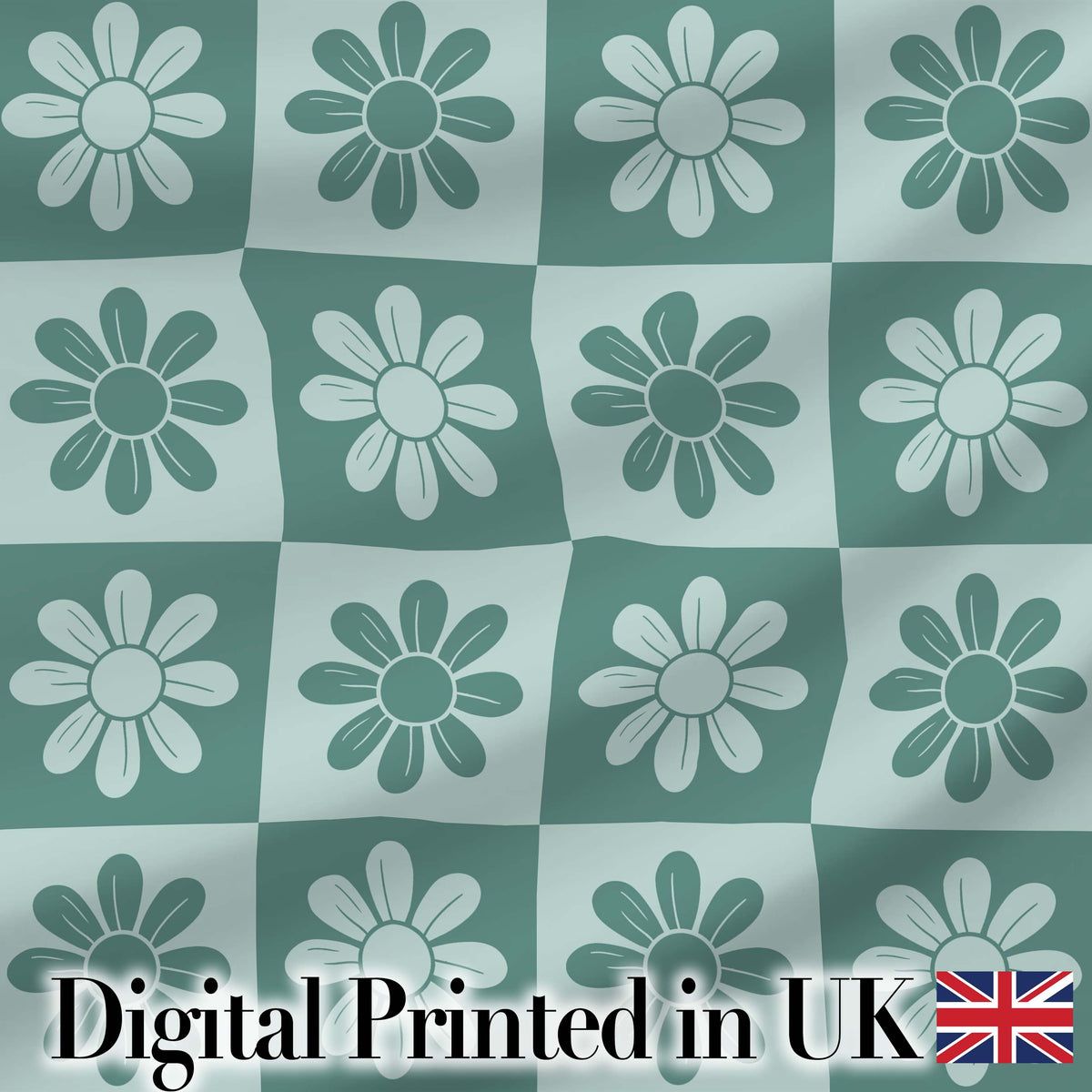 Cute Green Daisy Checkerboard Floral Seamless Pattern Digital Print Fabric by the Metre UK Sewing Quilting Textile