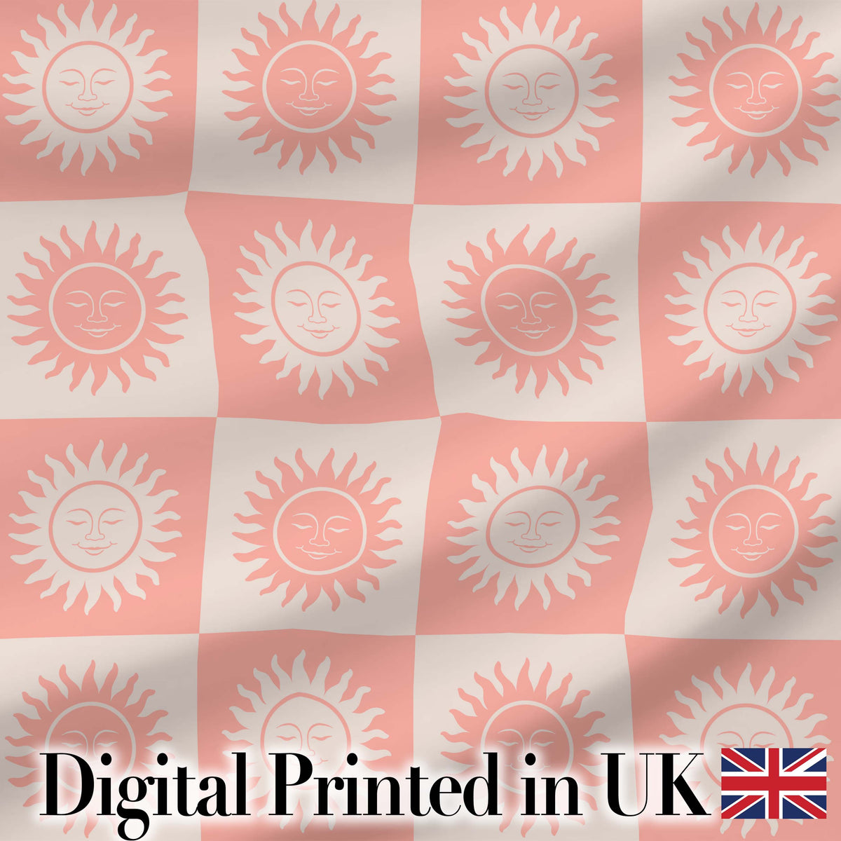 Cute Soft Coral Sun Face Checkerboard Celestial Seamless Pattern Digital Print Fabric by the Metre UK Sewing Quilting Textile
