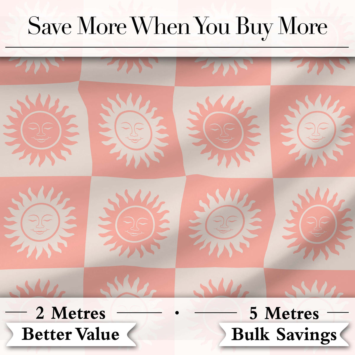 Cute Soft Coral Sun Face Checkerboard Celestial Seamless Pattern Digital Print Fabric by the Metre UK Sewing Quilting Textile