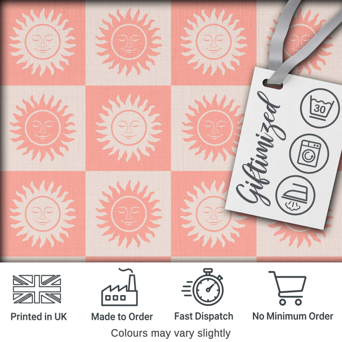 Cute Soft Coral Sun Face Checkerboard Celestial Seamless Pattern Digital Print Fabric by the Metre UK Sewing Quilting Textile