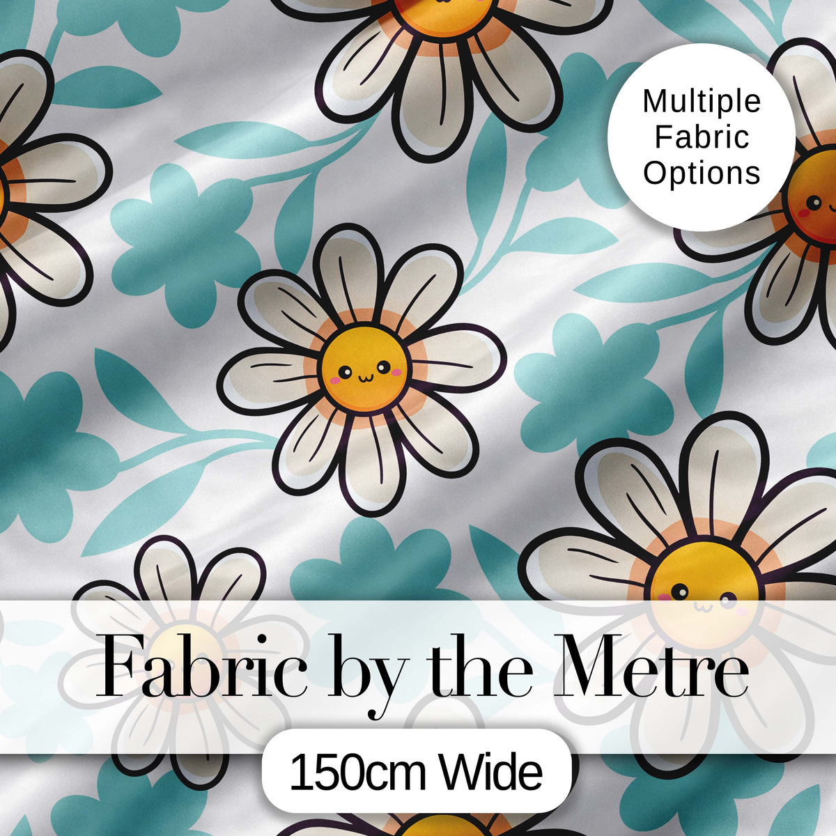 Cute Kawaii Daisy Flowers Soft Blue Leaves Seamless Pattern Digital Print Fabric by the Metre UK Sewing Quilting Textile