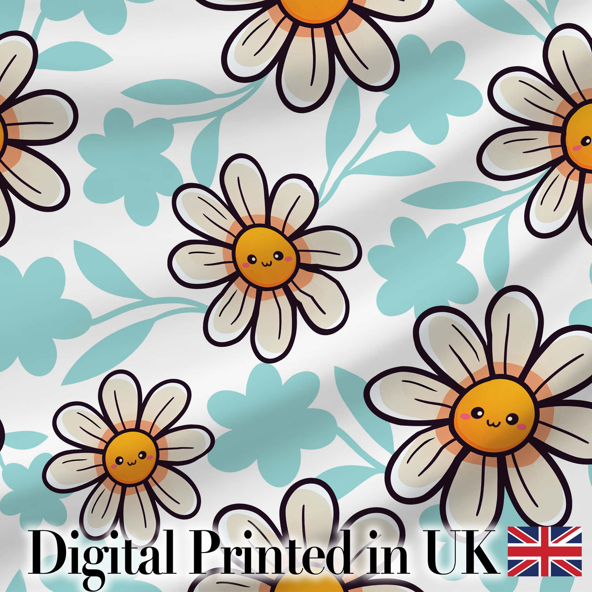 Cute Kawaii Daisy Flowers Soft Blue Leaves Seamless Pattern Digital Print Fabric by the Metre UK Sewing Quilting Textile