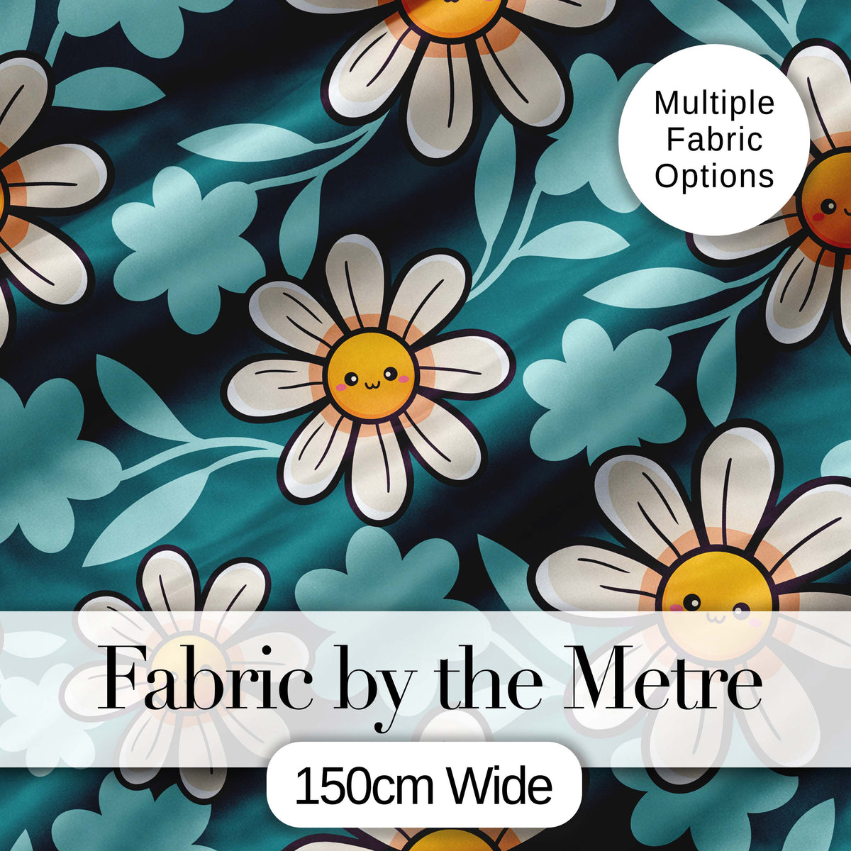 Cute Kawaii Daisy Flowers Dark Teal Seamless Pattern Digital Print Fabric by the Metre UK Sewing Quilting Textile