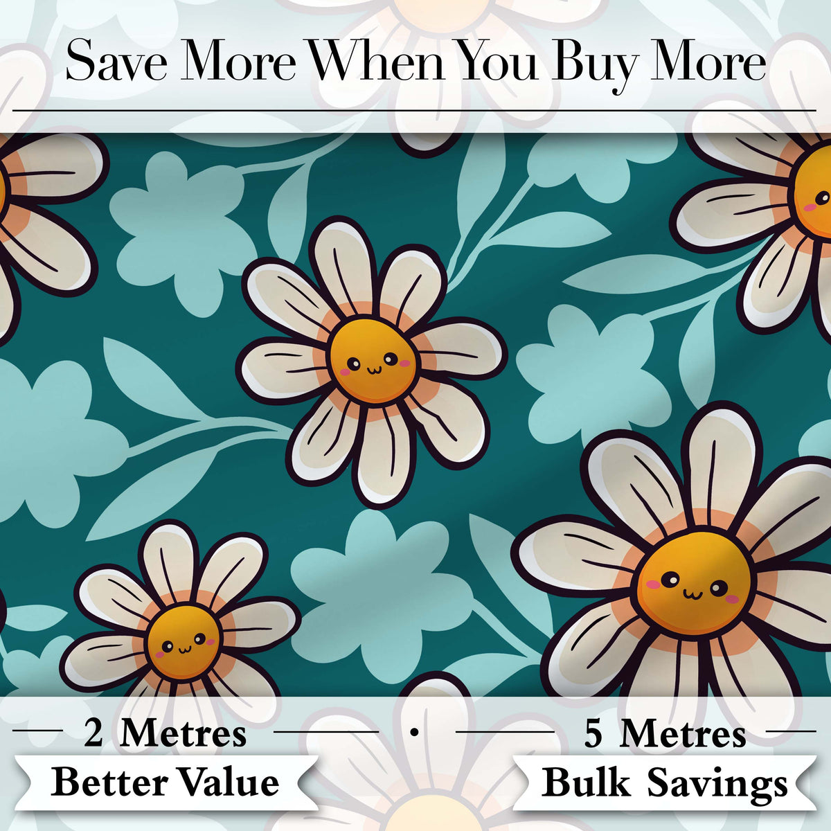 Cute Kawaii Daisy Flowers Dark Teal Seamless Pattern Digital Print Fabric by the Metre UK Sewing Quilting Textile