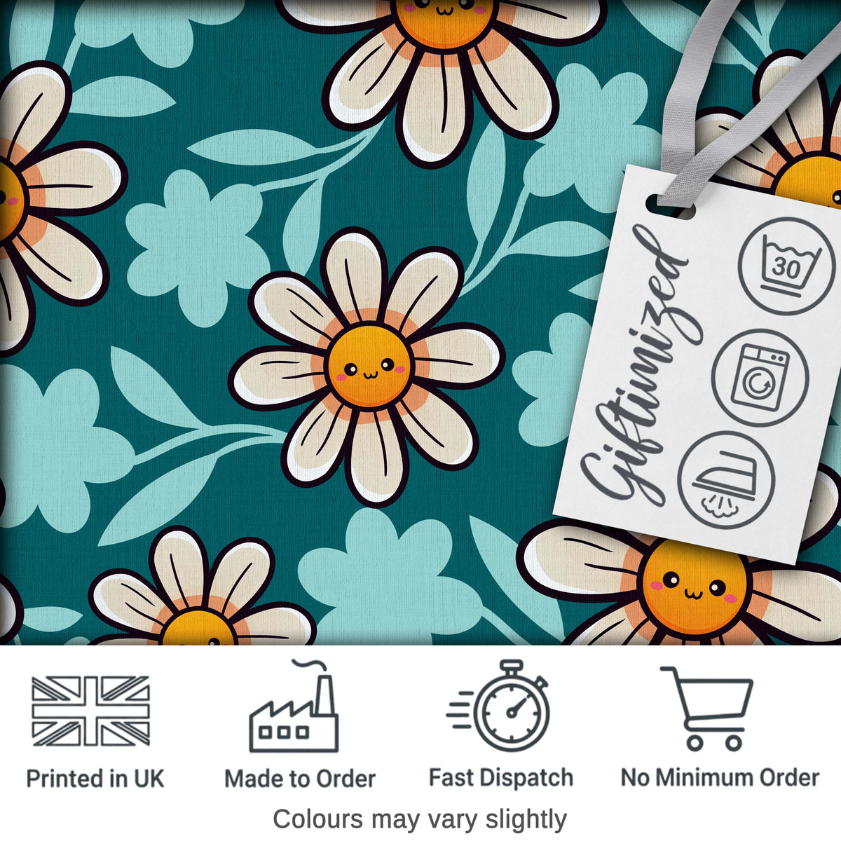 Cute Kawaii Daisy Flowers Dark Teal Seamless Pattern Digital Print Fabric by the Metre UK Sewing Quilting Textile