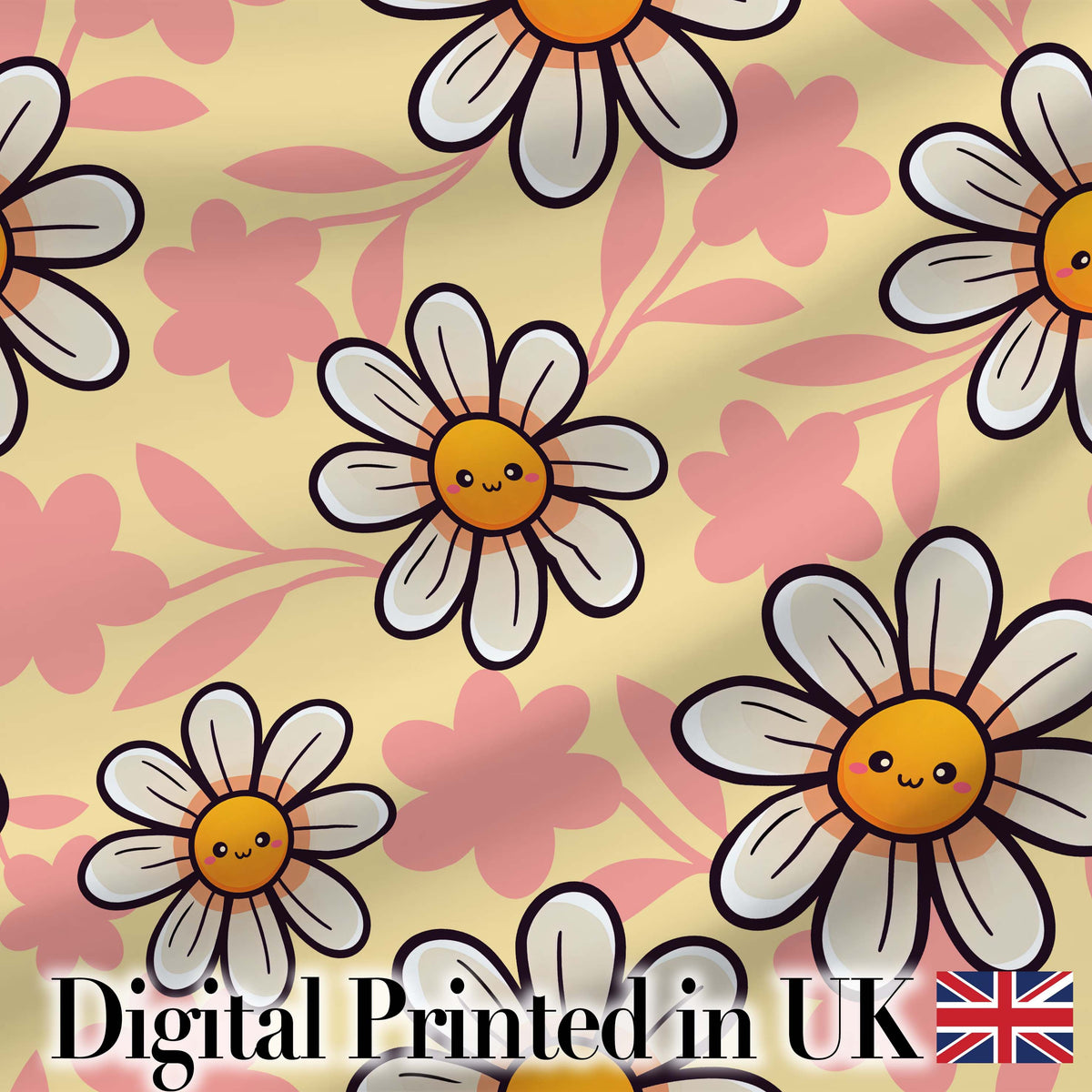 Cute Kawaii Daisy Flowers Warm Beige Leaves Seamless Pattern Digital Print Fabric by the Metre UK Sewing Quilting Textile