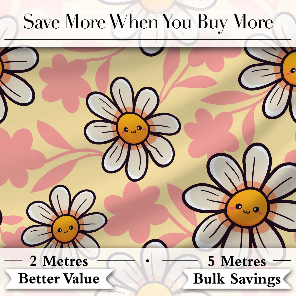 Cute Kawaii Daisy Flowers Warm Beige Leaves Seamless Pattern Digital Print Fabric by the Metre UK Sewing Quilting Textile