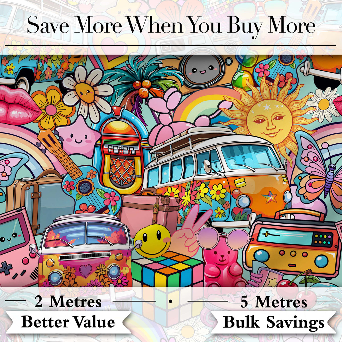 Hippie Van Rainbow Smiley Music Collage Teal Background Seamless Pattern Digital Print Fabric by the Metre UK Sewing Quilting Textile