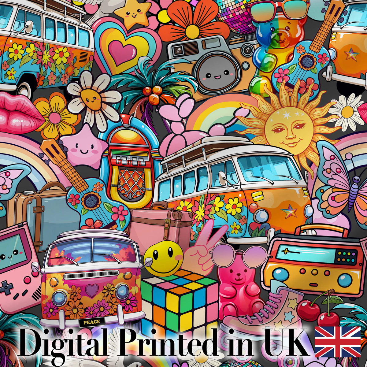 Hippie Rainbow Smileys Music Collage Black Background Seamless Pattern Digital Print Fabric by the Metre UK Sewing Quilting Textile