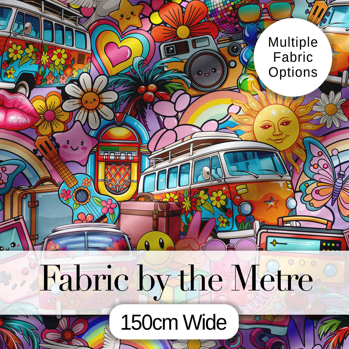 Hippie Van Rainbow Smileys Music Collage Purple Background Seamless Pattern Digital Print Fabric by the Metre UK Sewing Quilting Textile