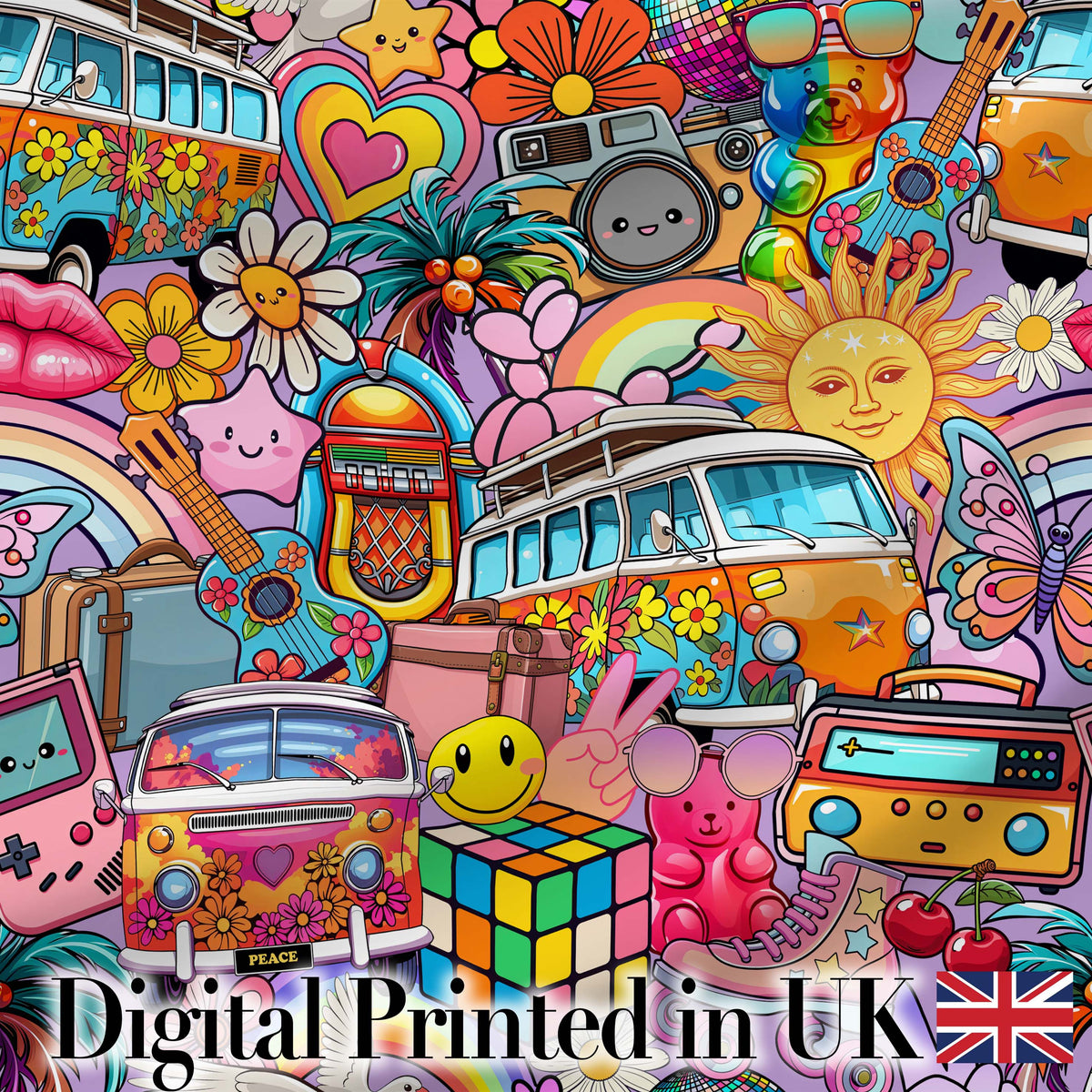 Hippie Van Rainbow Smileys Music Collage Purple Background Seamless Pattern Digital Print Fabric by the Metre UK Sewing Quilting Textile