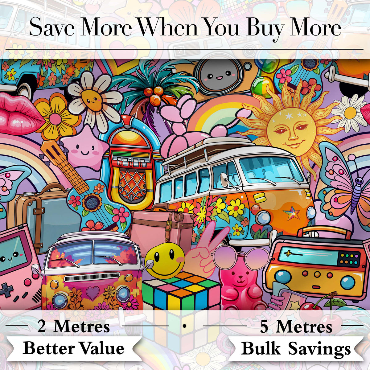 Hippie Van Rainbow Smileys Music Collage Purple Background Seamless Pattern Digital Print Fabric by the Metre UK Sewing Quilting Textile