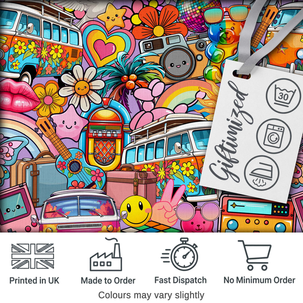 Hippie Van Rainbow Smileys Music Collage Purple Background Seamless Pattern Digital Print Fabric by the Metre UK Sewing Quilting Textile