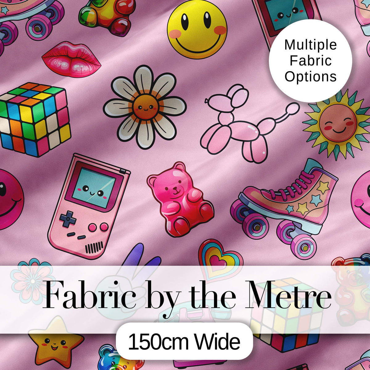Smiley Roller Skate Game Console Blush Pink Background Seamless Pattern Digital Print Fabric by the Metre UK Sewing Quilting Textile