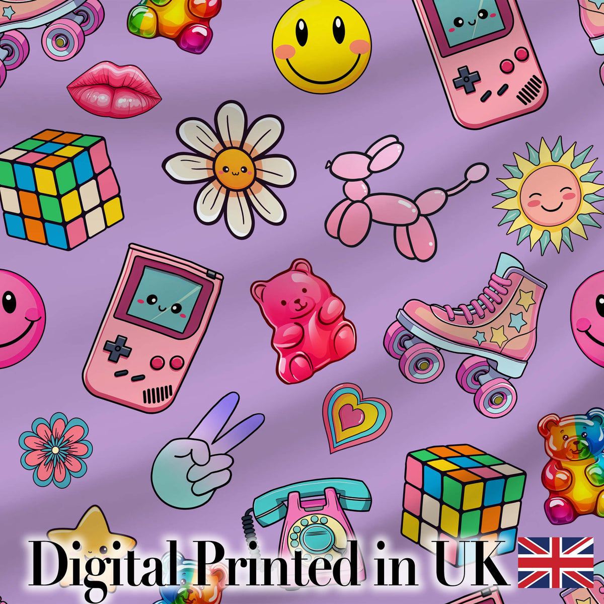 Smiley Roller Skate Game Console Purple Background Seamless Pattern Digital Print Fabric by the Metre UK Sewing Quilting Textile