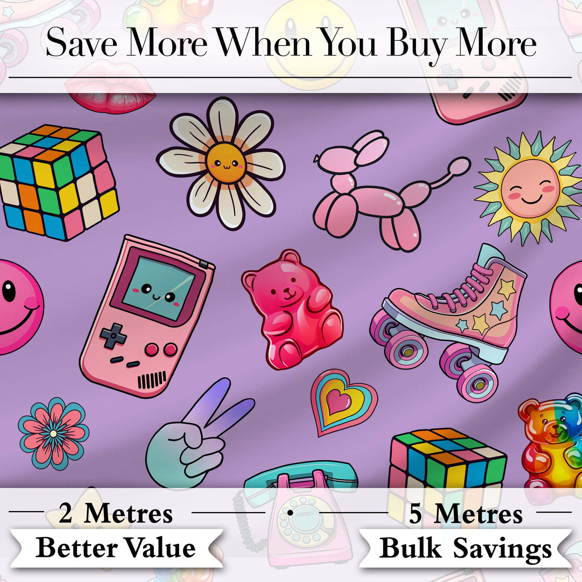 Smiley Roller Skate Game Console Purple Background Seamless Pattern Digital Print Fabric by the Metre UK Sewing Quilting Textile