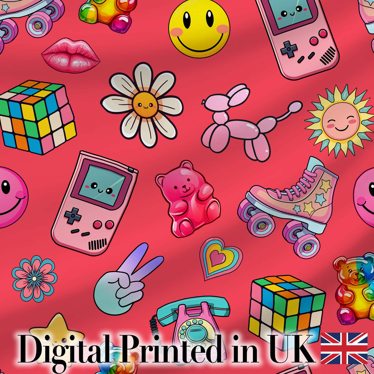Gummy Bear Rainbow Roller Skate Red Background Seamless Pattern Digital Print Fabric by the Metre UK Sewing Quilting Textile